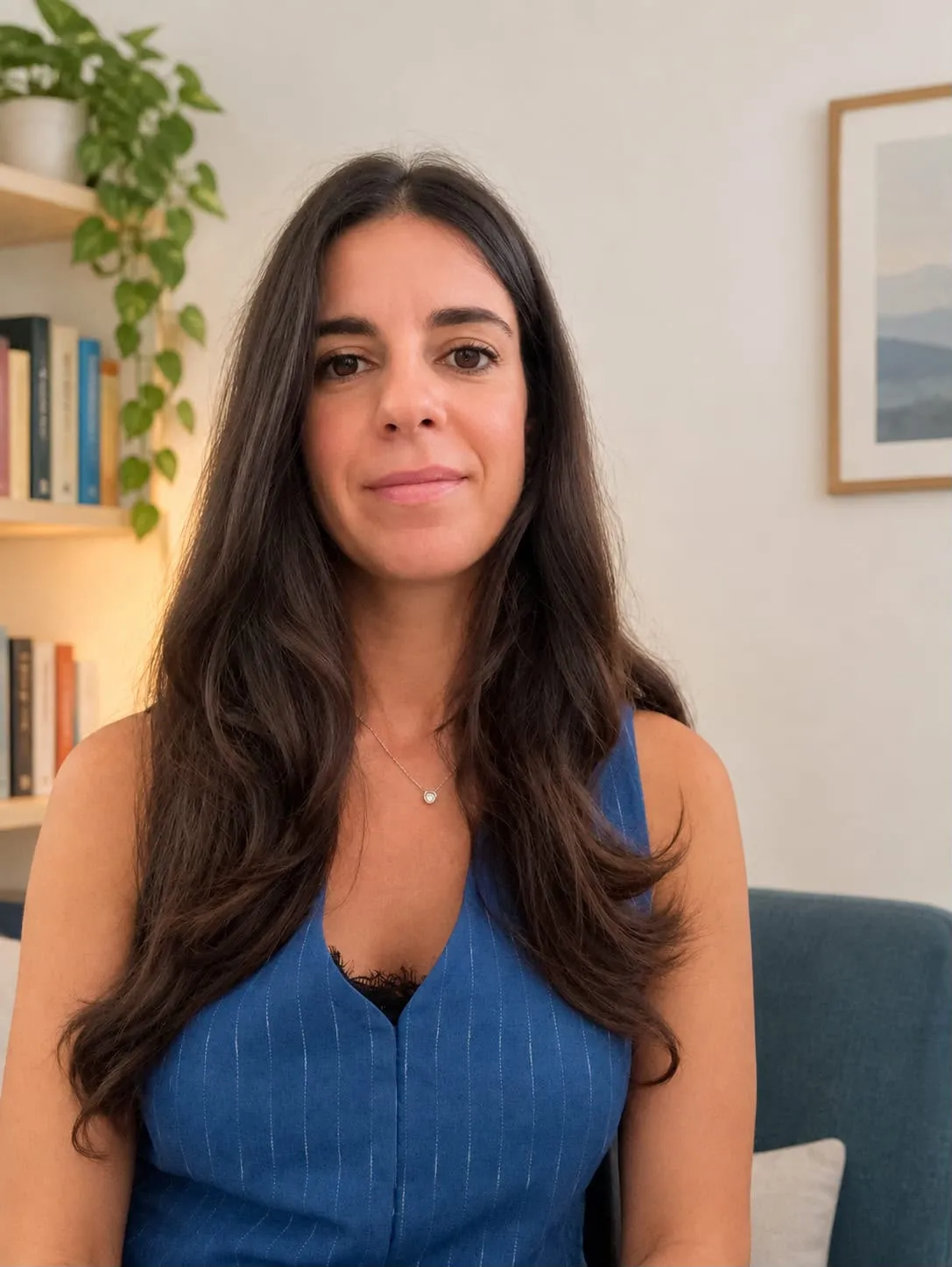 Laura Galati nel suo studio, seduta in poltrona, sorride guardando verso chi la osserva